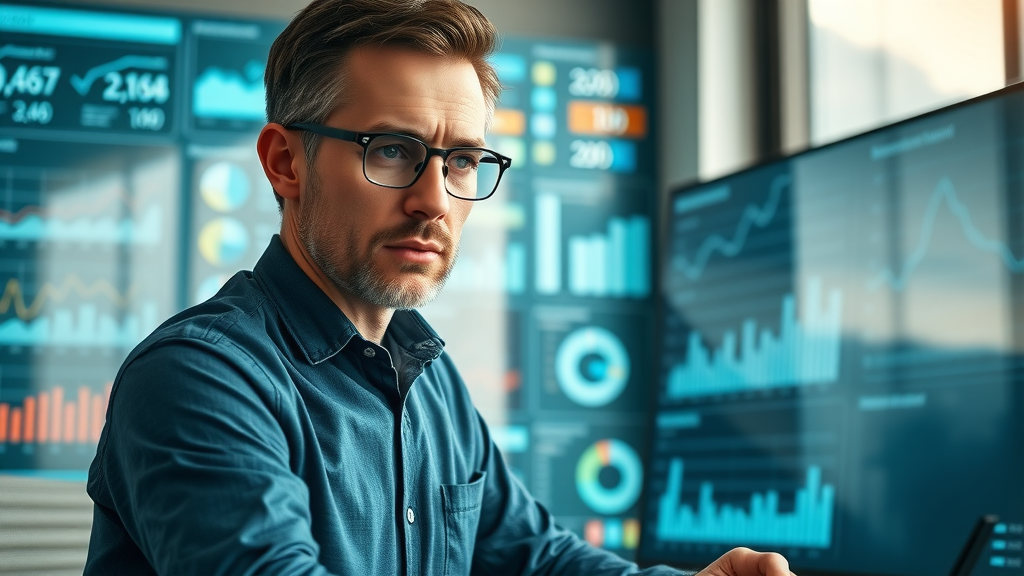 Marketing analyst examining real-time customer data visualizations for targeting and personalization in a high-tech digital command center
