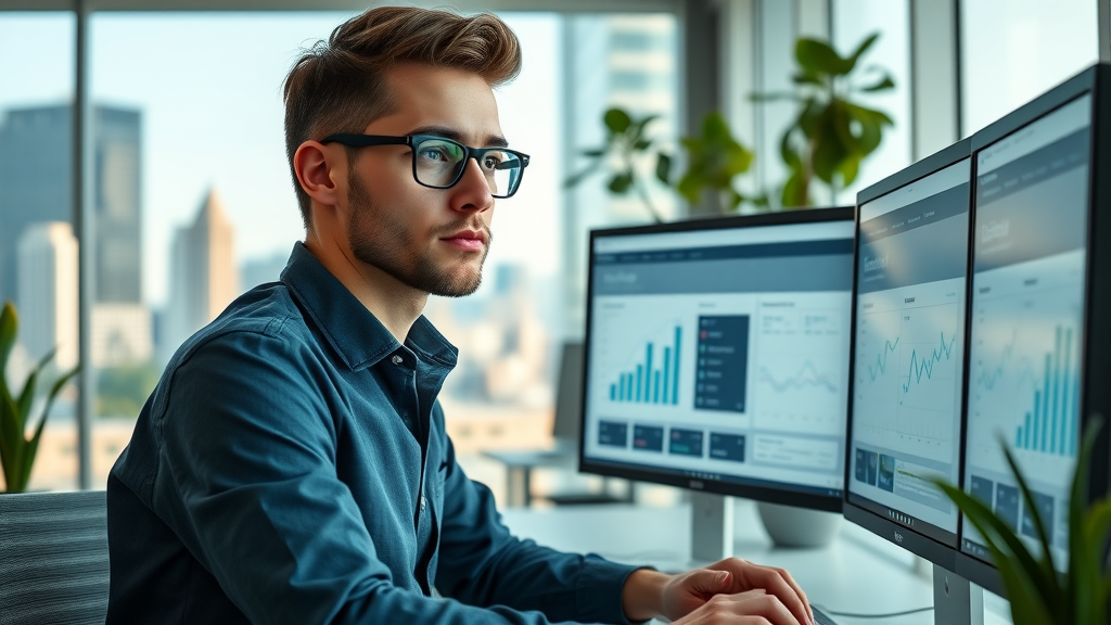 digital marketer analyzing SEO analytics for blogging for SEO in modern office