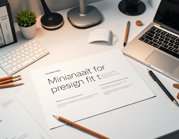 minimalistic presskitdesign, professional, showcasing layout, photorealistic, on a designer's desk with sketch tools and a laptop, highly detailed, featuring crisp typography and material textures, 300 dpi, pastel colors, soft ambient lighting, shot with a Sony Alpha 7R III with a 35mm lens.