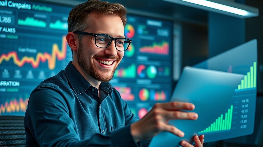 Marketer reviewing AI-generated email metrics - AI email marketing tool