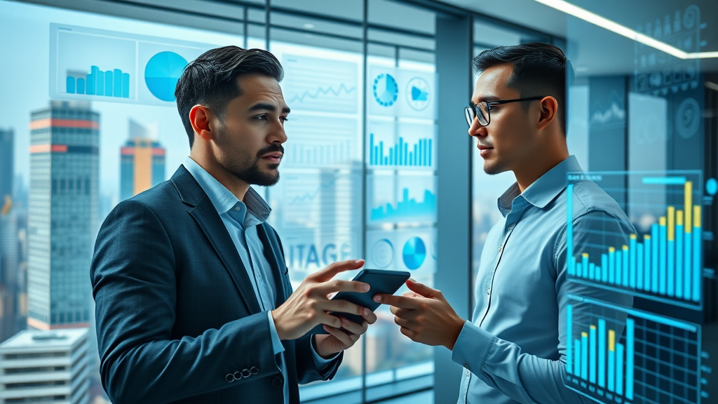 Predictive content marketing team analyzing visualized data dashboards and predictive analytics charts in a modern office workspace, showing lively marketing efforts.