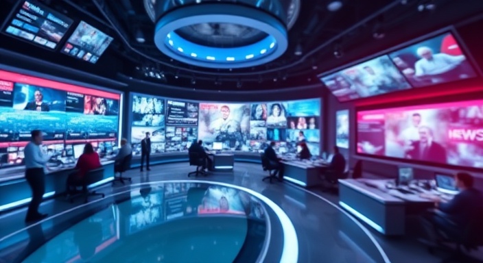 interactive media channel broadcast, real-time engagement, evolving content, photorealistic, among a high-energy newsroom filled with display screens and reporters, highly detailed, motion blur and real-time updates, 4k resolution, pastel shades, studio lighting, shot with a portrait lens.