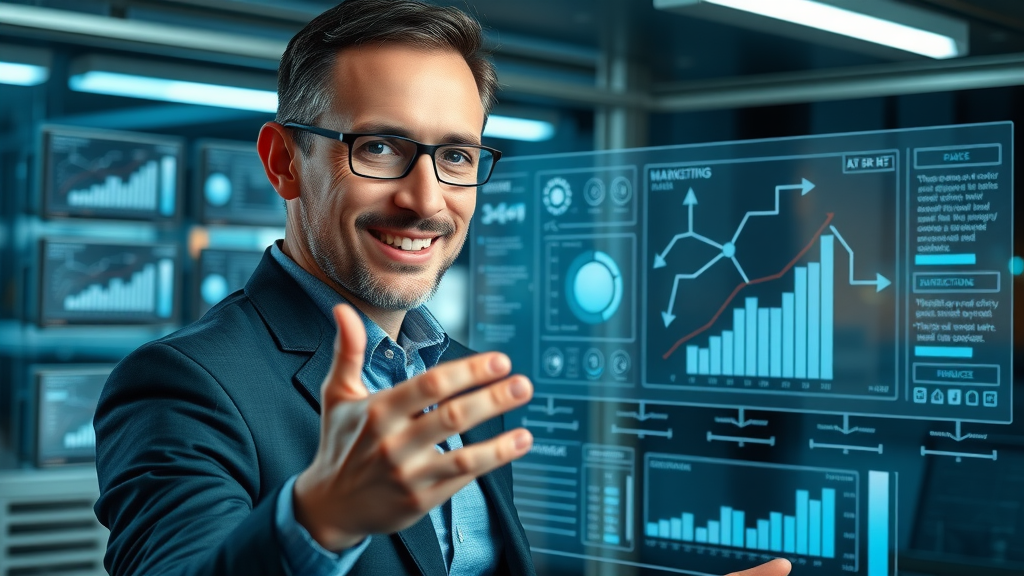 Marketing manager using a transparent digital interface to create an AI-generated marketing plan in a futuristic control room