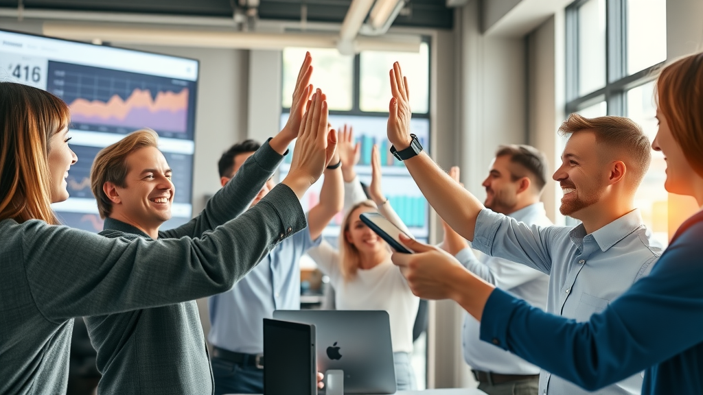 Successful marketing team celebrating analytics of media posts improved by AI in a contemporary workspace