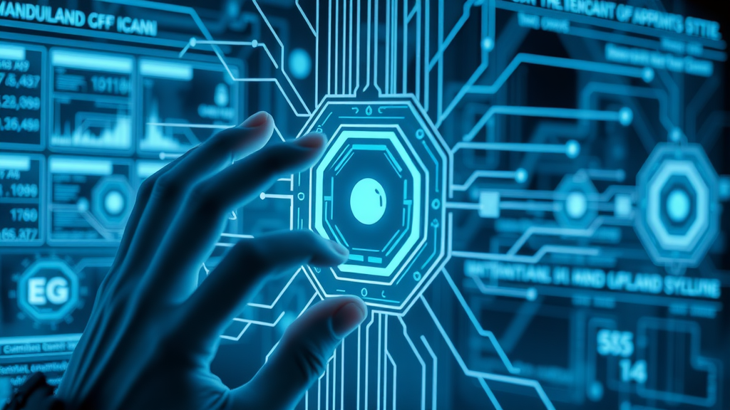 AI content detection sleek AI algorithm visualization, futurist interface, scanning digital content, flowing data streams