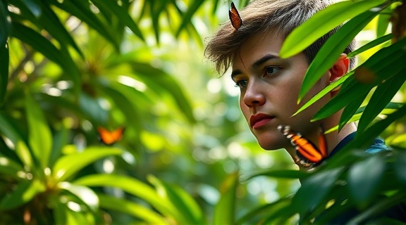 environmental publications cover, contemplative expression, studying wildlife, photorealistic, within a lush rainforest setting, highly detailed, fluttering butterflies and rustling leaves, macro sharpness, natural green hues, dappled sunlight, shot with a macro lens