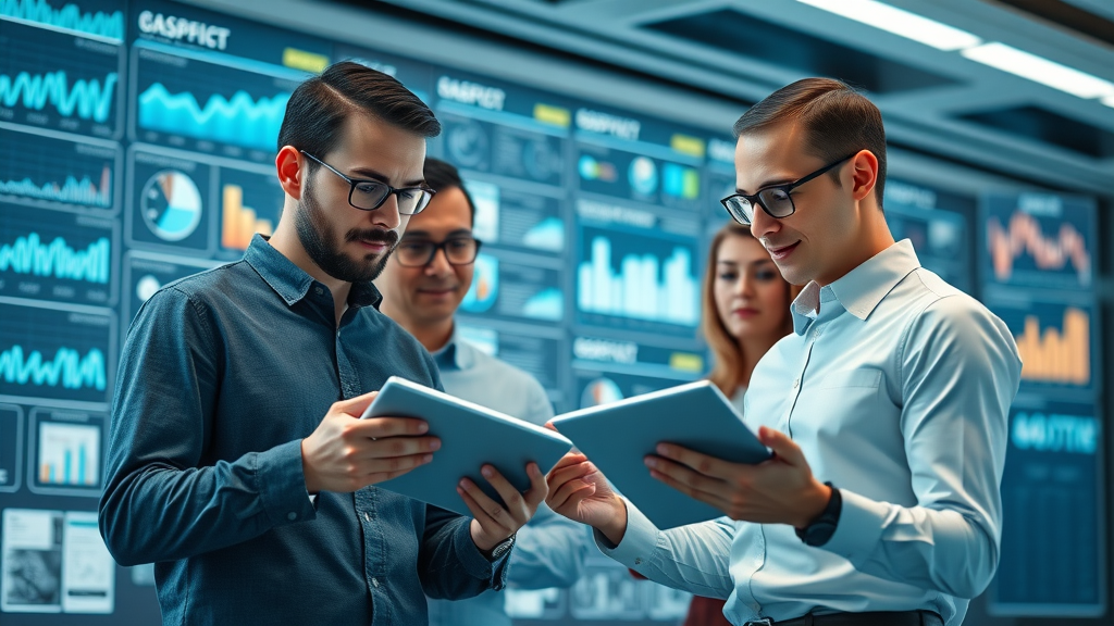 Data-driven marketing strategies team analyzing digital dashboards in a high-tech office environment