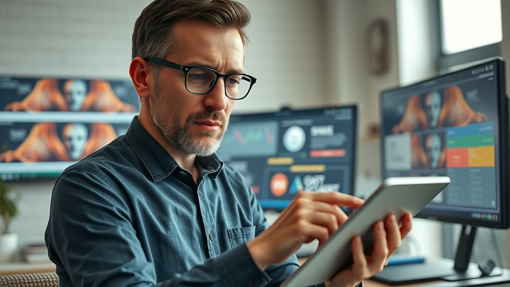 Content strategist optimizing content structure for generative engine and AI overview compatibility, digital workspace with AI overview patterns on screen