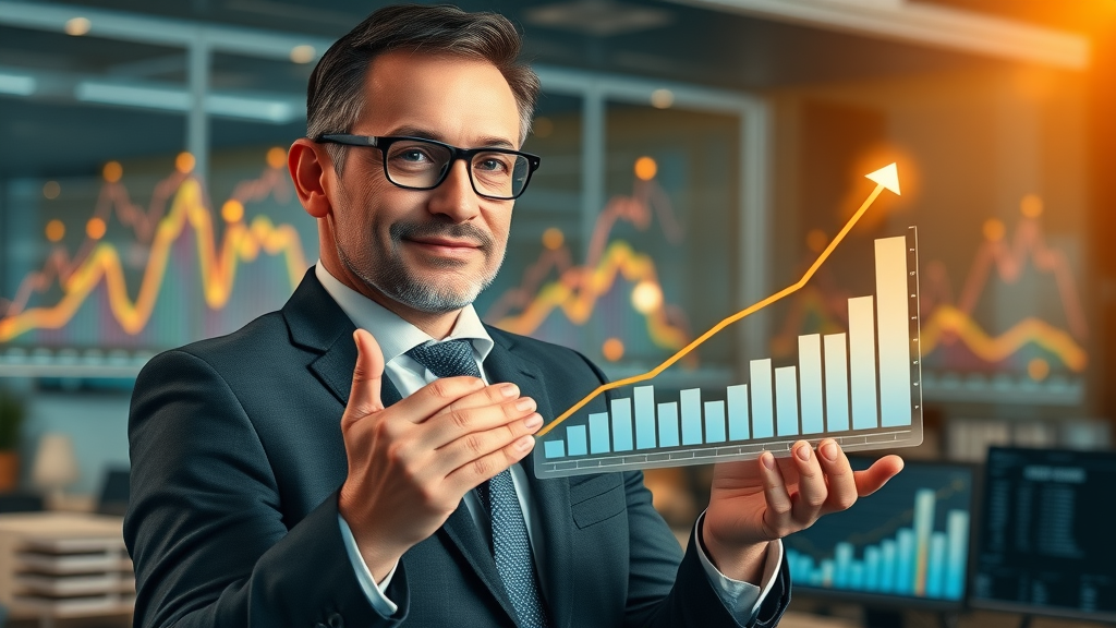 Data analyst presenting AI-driven campaign revenue growth charts in a luminous office