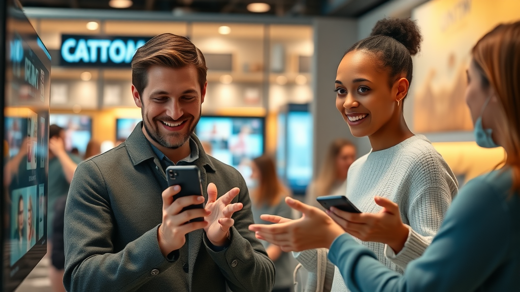 Customers interacting with personalized digital interfaces, showing successful AI content customization
