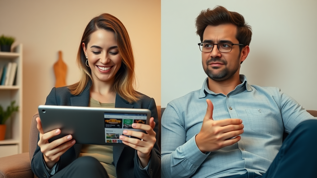 woman enjoying personalized digital content using automated content tailoring contrasted with a bored man viewing generic ads