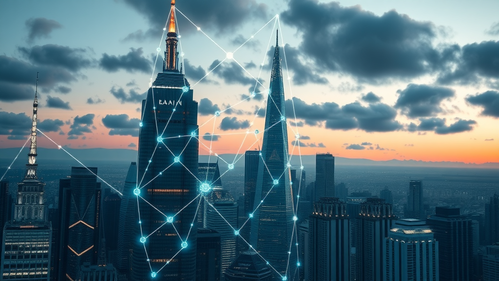 Symbolic skyscrapers connected via digital links representing authority, backlinks, and network signals in search engine ranking factors