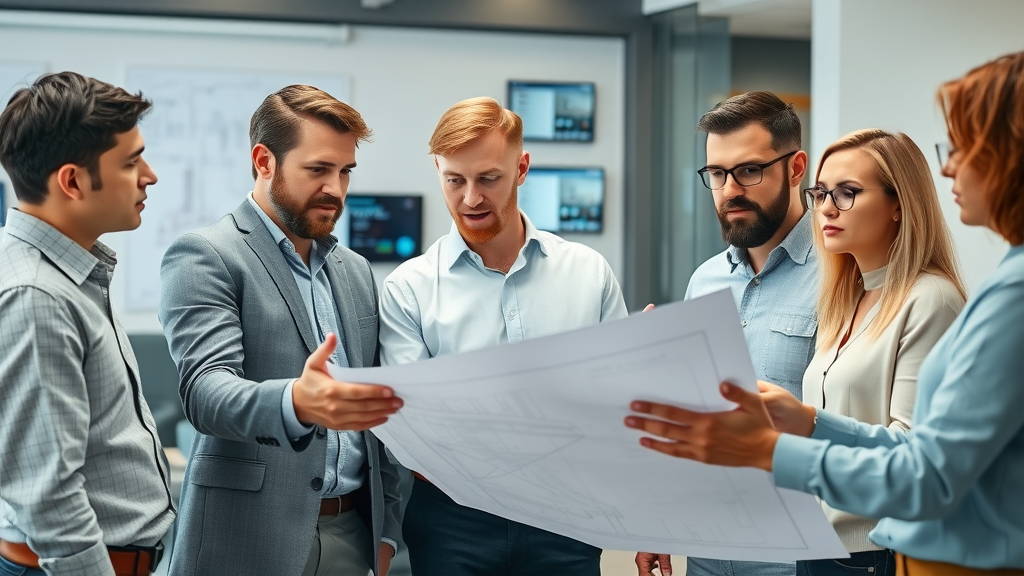 contractor lead generation team reviewing blueprints for construction leads in a modern office