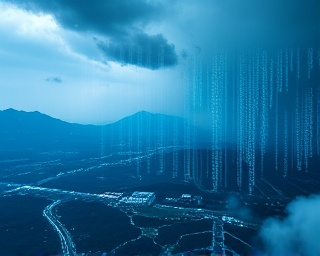 data storm, AI visibility cloud, cascading digital torrents, photorealistic, overlooking an expansive technological landscape, highly detailed, data bits sparkling like raindrops, 15K crispness, blue-grey shades, high-contrast area lighting, shot with a telephoto zoom lens.