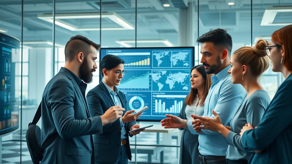 AI marketing software team analyzing data dashboards and brainstorming in modern workspace