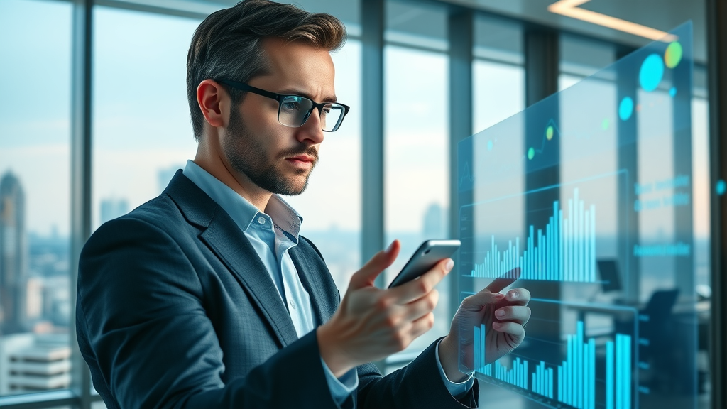 Marketing analyst using machine learning dashboards to review campaign performance, digital marketing visualizations in real-time