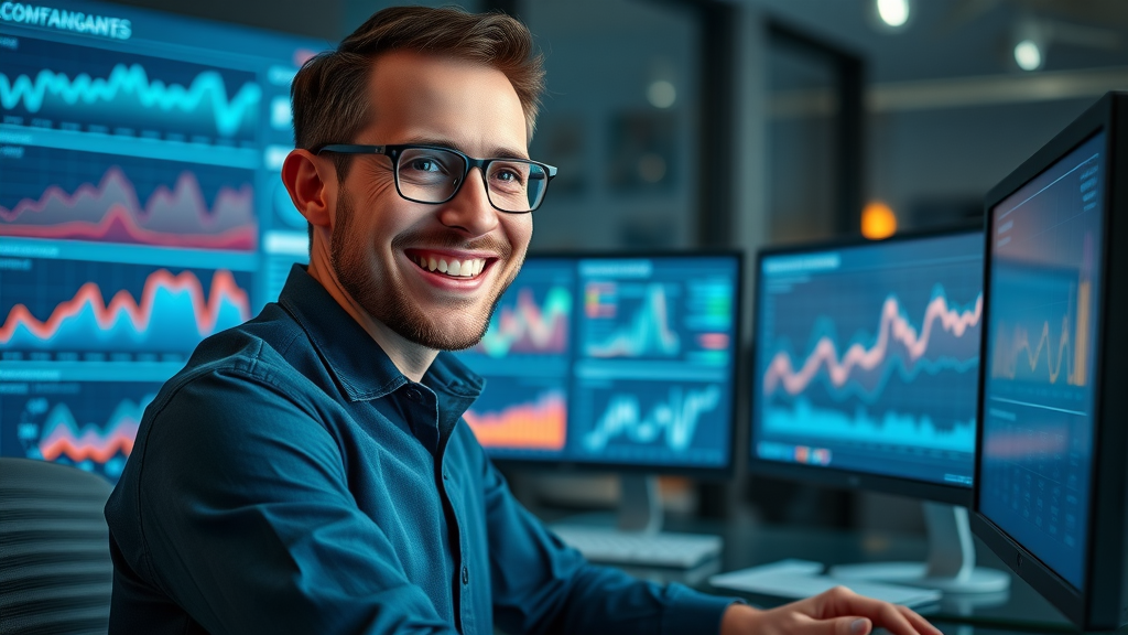 Digital marketer monitoring AI-powered analytics and campaign performance in real time on multiple screens in a modern workspace