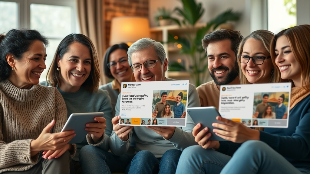 Diverse customers receiving personalized offers through AI-driven marketing campaigns in a cozy living room