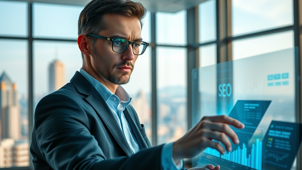 futuristic digital marketing analyst analyzing SEO data streams on transparent screens, machine learning in SEO