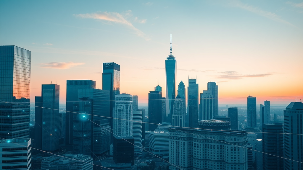 Dynamic modern Houston city skyline integrating AI data streams and digital overlays, symbolizing AI authority building Houston
