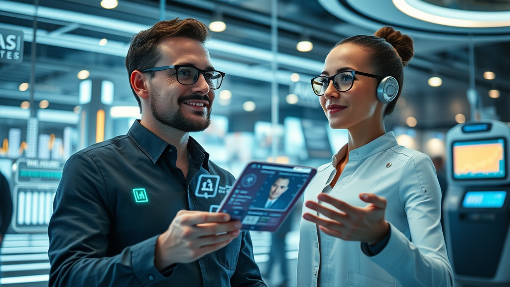 Marketers collaborating with AI technology for future customer experience and predictive analytics in marketing