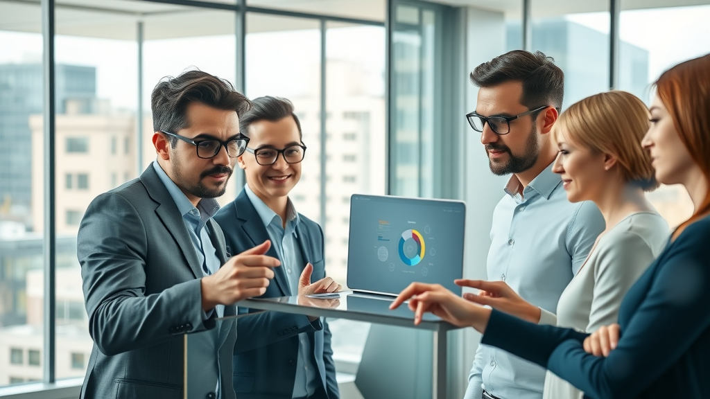 predictive analytics marketing team collaborating with digital dashboards in sleek, bright high-tech office, city views, dynamic team interaction, photorealistic, natural colors