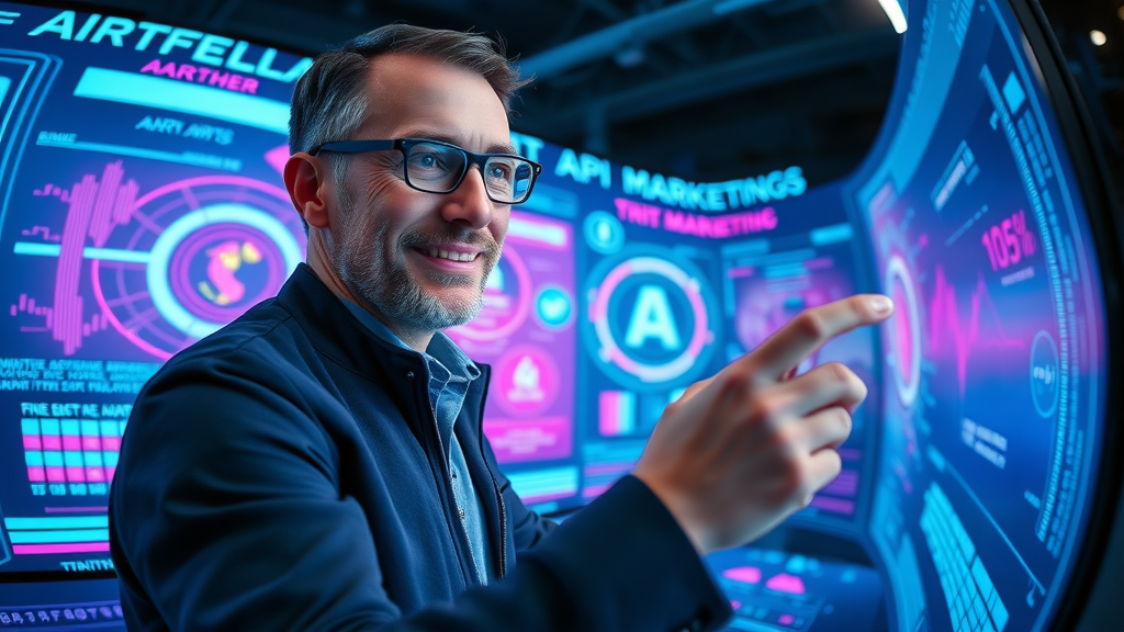 Houston marketer viewing AI marketing trends video with holographic displays