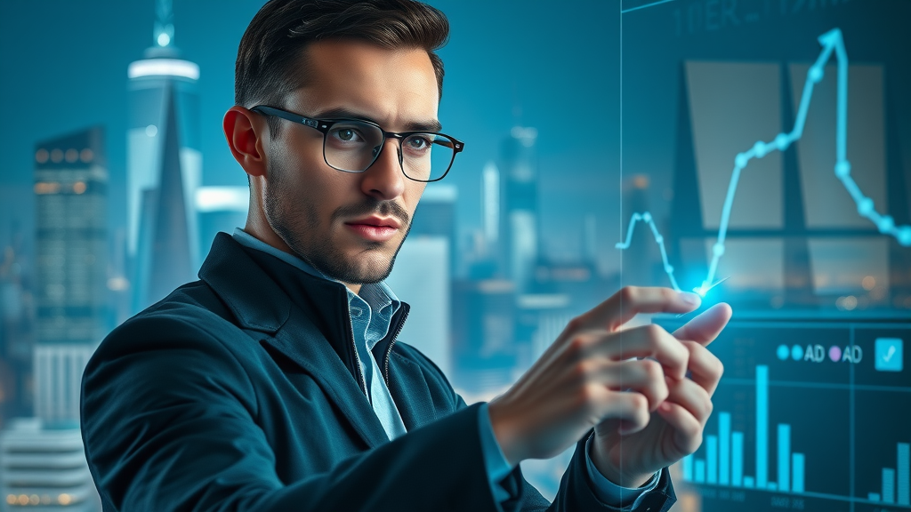 AI-driven SEO: Futuristic digital marketer analyzing data charts in urban cityscape at night with virtual data displays and illuminated skyscrapers