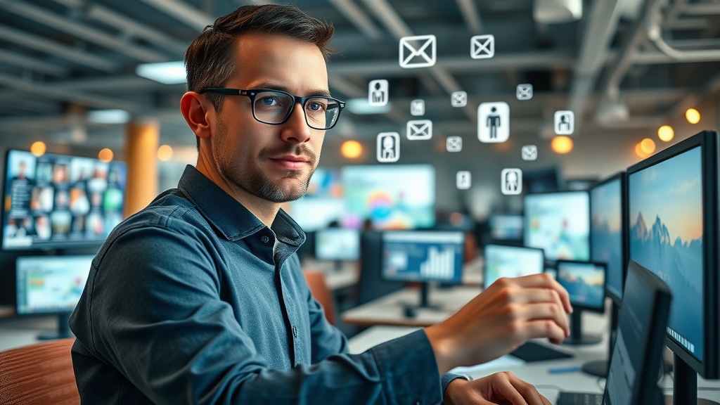 Digital marketer automating email, social media, and paid outreach within an automation platform, office filled with digital screens