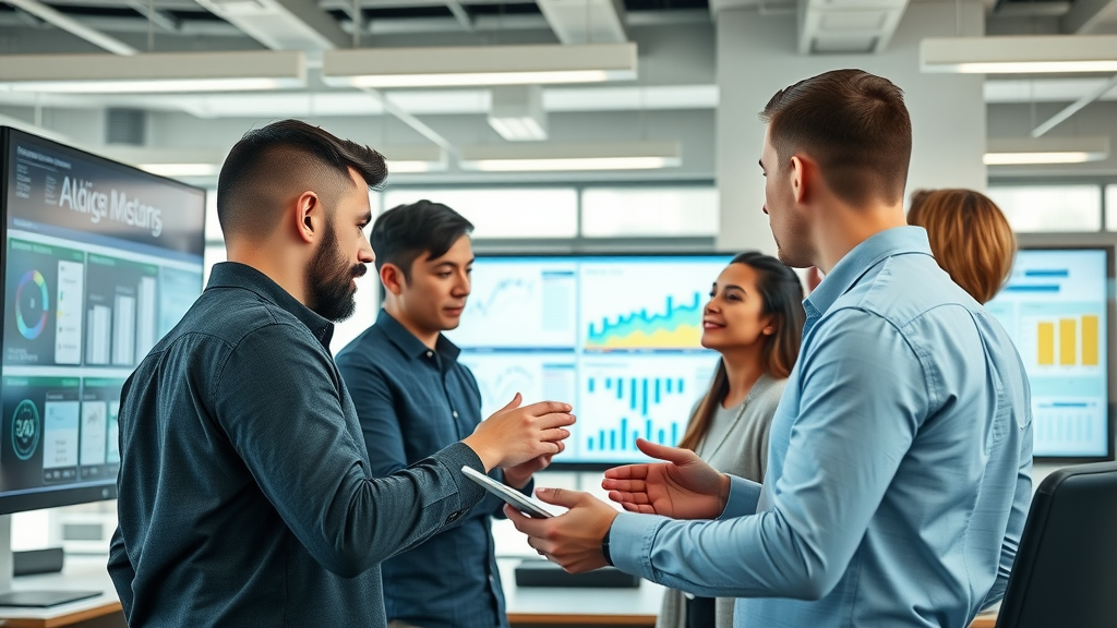 marketing automation platforms digital marketing team analyzing data dashboards in a modern open-plan office