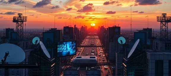 vibrant media channel broadcast, engaging audience, transmitting, photorealistic, within a bustling cityscape filled with satellite dishes and antennas, highly detailed, swirling clouds and bustling vehicles, 4k resolution, multicolored spectrum, sunset lighting, shot with an ultra-wide-angle lens.