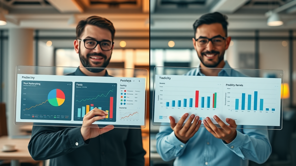 Modern Houston marketing team comparing predictive analytics dashboard with traditional charts, predictive content strategy versus traditional marketing.