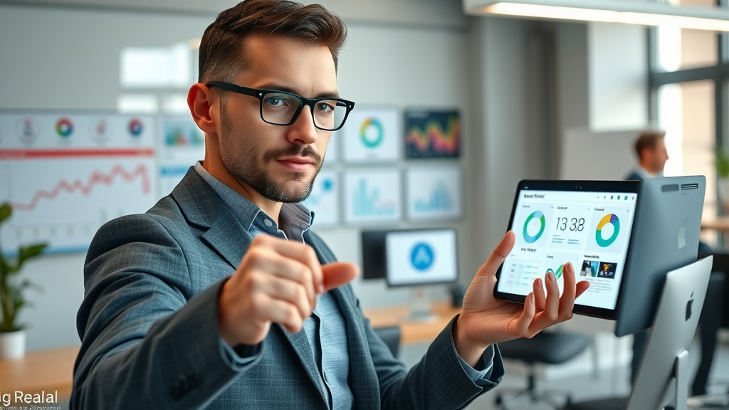 Tech-savvy marketer comparing AI marketing tools on multiple devices in an organized workspace